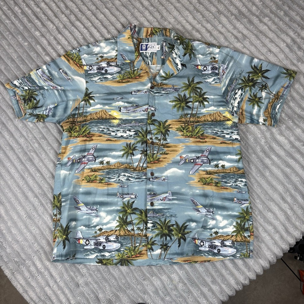 Vintage RJC Hawaiian Shirt Beach WWII Fighter‎ Airplanes Tropical Men Sz XL